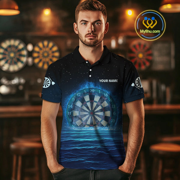 Custom Black And Blue Flame Dartboard Dart Team Polo Shirts For Men, Dart League Shirt NYN0259