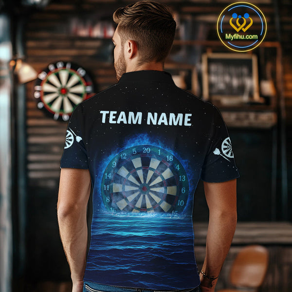 Custom Black And Blue Flame Dartboard Dart Team Polo Shirts For Men, Dart League Shirt NYN0259