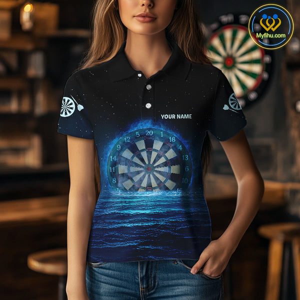 Custom Black And Blue Flame Dartboard Dart Team Polo Shirts For Women, Dart League Shirt NYN0259