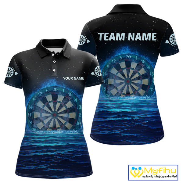 Custom Black And Blue Flame Dartboard Dart Team Polo Shirts For Women, Dart League Shirt NYN0259