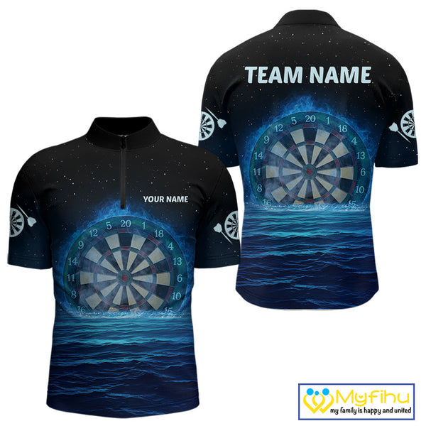 Custom Black And Blue Flame Dartboard Dart Team Quarter-Zip Shirts For Men, Dart League Shirt NYN0259