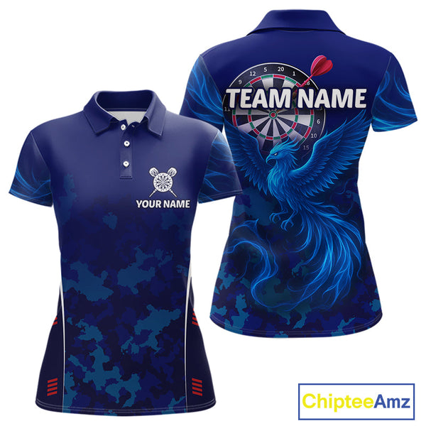 Custom Blue Camo Phoenix Dart Polo Shirts For Women, Dart Tournament Team Shirt NYN0263