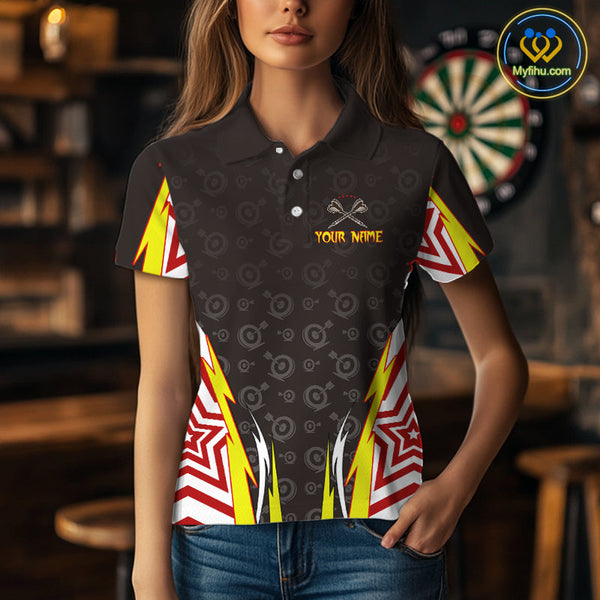Custom Yellow And Red Dartboard Pattern Dart Polo Shirt For Women, Dart Jerseys NYN0527