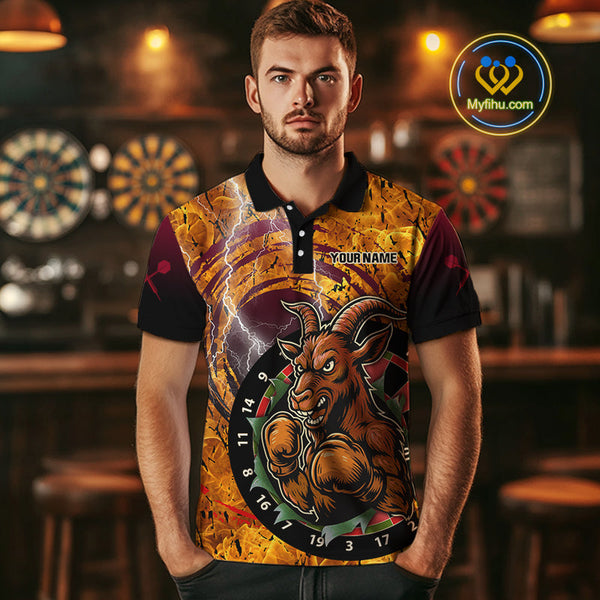 Custom Fire Flame Thunder Lightning Angry Goat Dart Men Polo Shirt, Dart Team Shirt NYN0534
