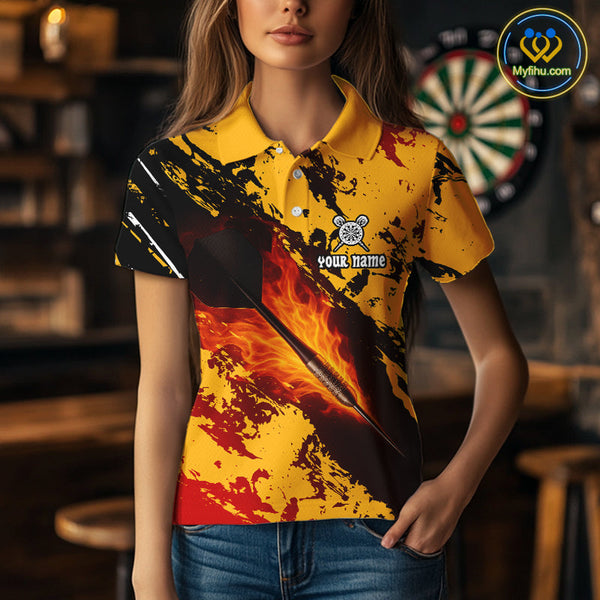 Custom Black And Yellow Fire Flame Darts Team Polo Shirts For Women, Dart Gifts NYN0290