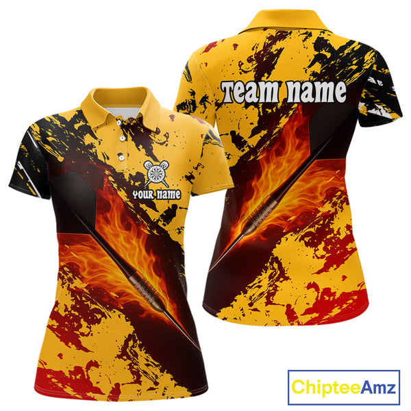 Custom Black And Yellow Fire Flame Darts Team Polo Shirts For Women, Dart Gifts NYN0290