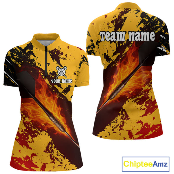 Custom Black And Yellow Fire Flame Darts Team Quarter-Zip Shirts For Women, Dart Gifts NYN0290