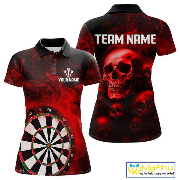 Custom Black And Red Smoke Flame Skull Dart Women Polo Shirt, Halloween Dart Team Outfit NYN0572