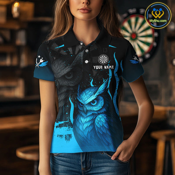 Custom Black And Blue Owl Dart Team Women Polo Shirts, Owl Dart Jerseys NYN0305