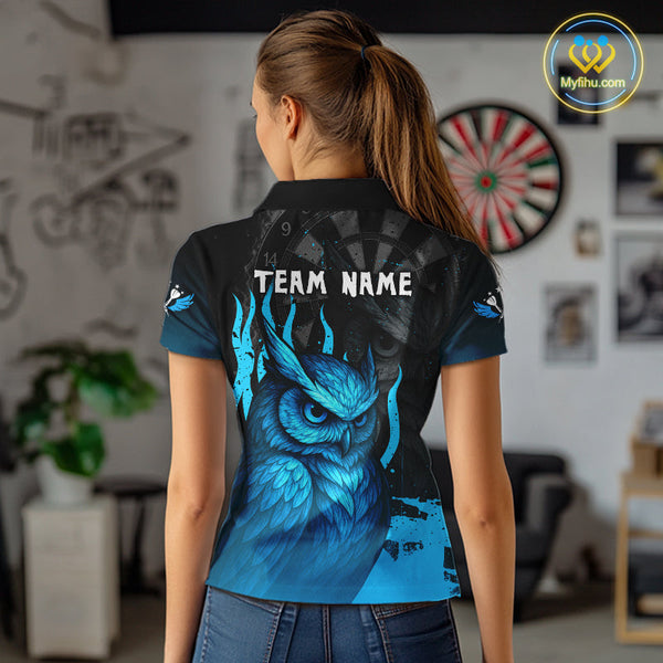 Custom Black And Blue Owl Dart Team Women Polo Shirts, Owl Dart Jerseys NYN0305