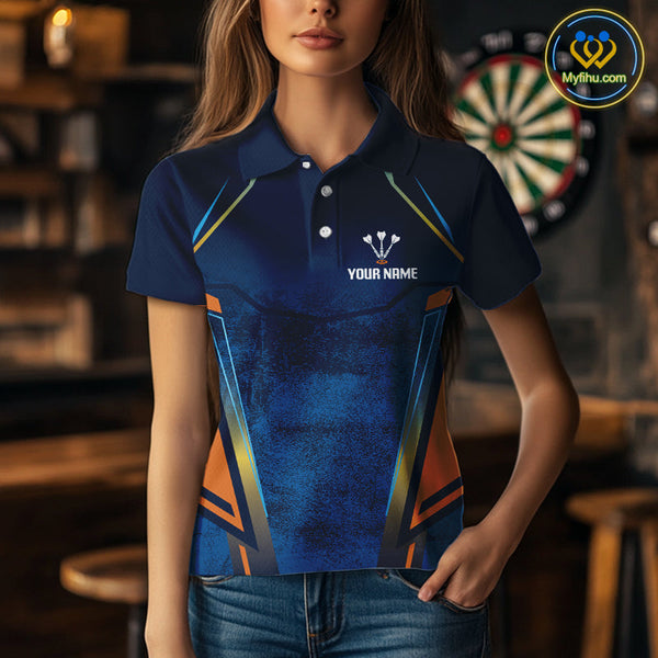 Custom Blue And Orange Smoke Flame Dart Team Polo Shirts For Women, Vintage Dart Shirt NYN0312