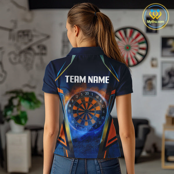 Custom Blue And Orange Smoke Flame Dart Team Polo Shirts For Women, Vintage Dart Shirt NYN0312