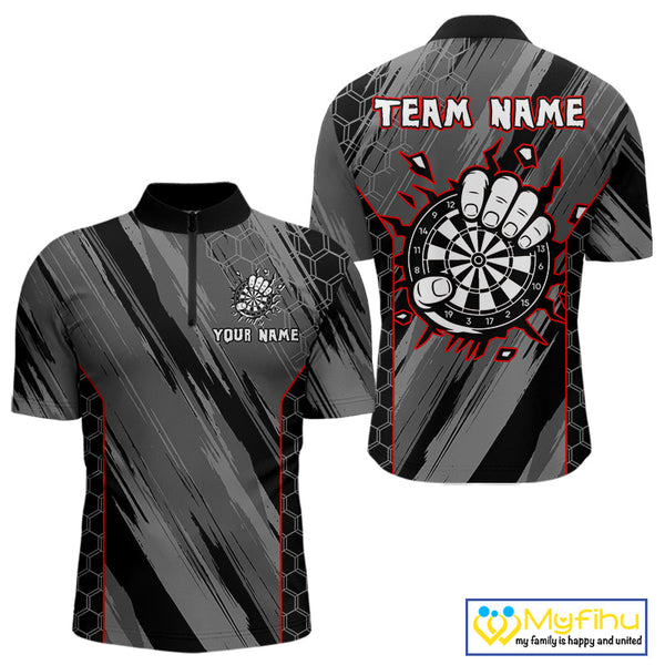 Custom Black, Gray And Red Camo Strong Dart Team Men Quarter-Zip Shirts, Dart Jerseys NYN0318