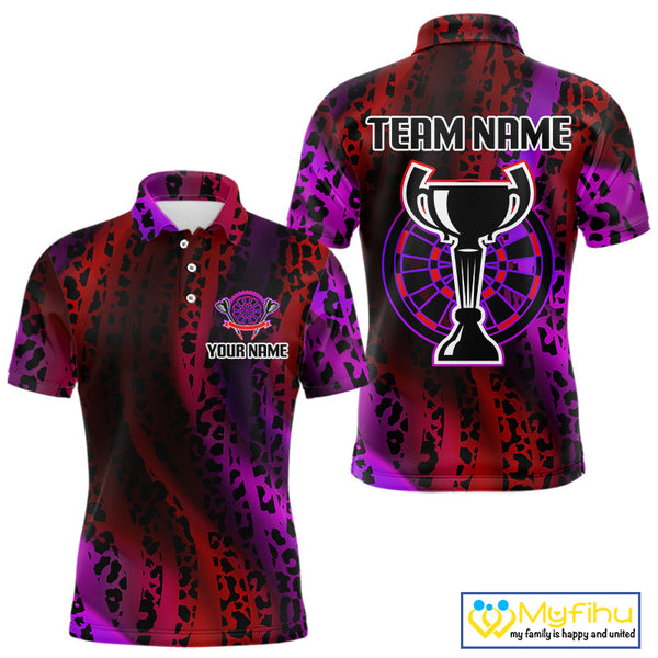 Custom Red And Purple Leopard Pattern Print Dart Trophy Polo Shirts For Men, Team Shirt NYN0322