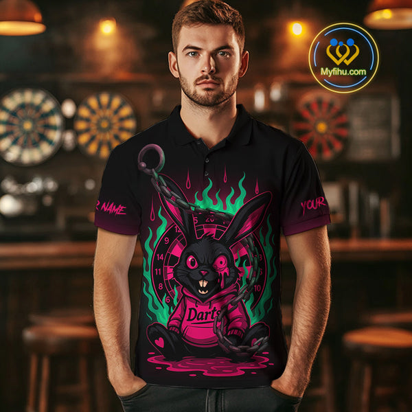Custom Green And Pink Flame Funny Rabbit Dart Polo Shirt For Men, Dart Jersey NYN0593