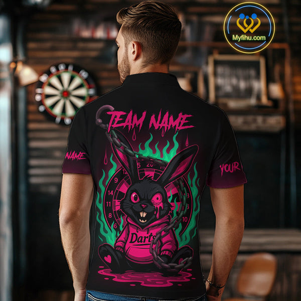 Custom Green And Pink Flame Funny Rabbit Dart Polo Shirt For Men, Dart Jersey NYN0593