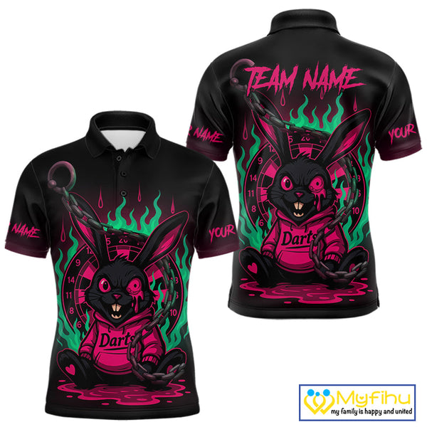 Custom Green And Pink Flame Funny Rabbit Dart Polo Shirt For Men, Dart Jersey NYN0593