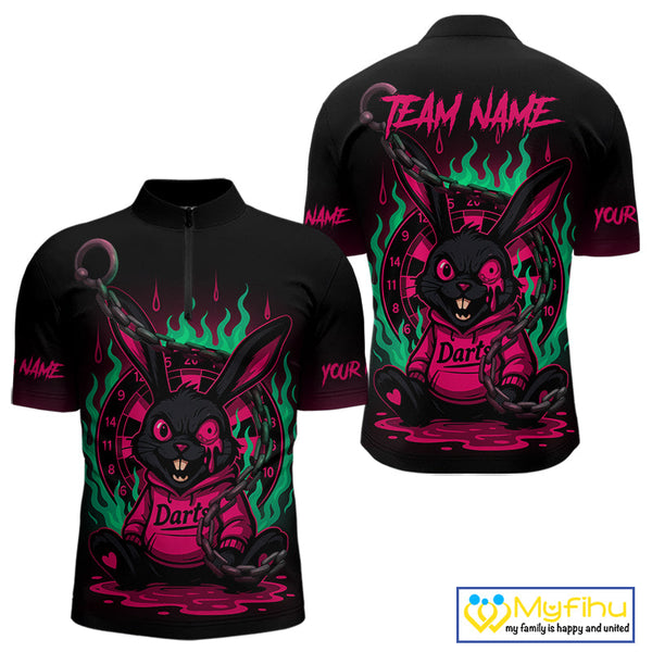Custom Green And Pink Flame Funny Rabbit Dart Quarter-Zip Shirt For Men, Dart Jersey NYN0593