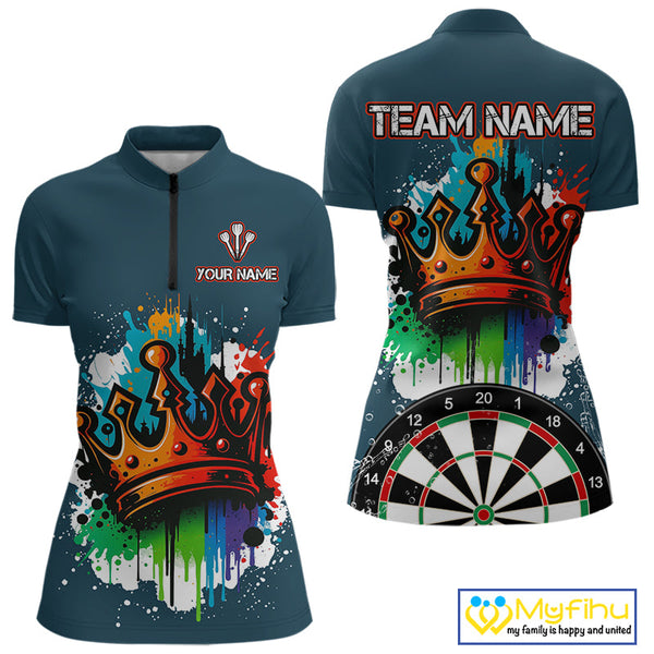 Custom Colorful Splatter Dartboard King Crown Dart Quarter-Zip Shirt For Women NYN0600