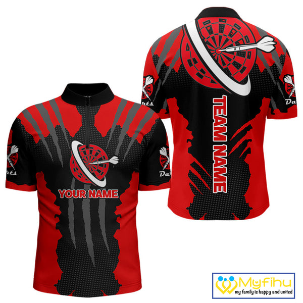 Custom Black And Red Dart Jerseys, Dart Team Quarter-Zip Shirts For Men Dart League Shirt NYN0339