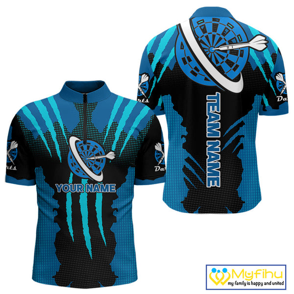Custom Black And Blue Dart Jerseys, Dart Team Quarter-Zip Shirts For Men Dart League Shirt NYN0340