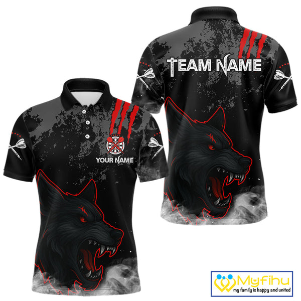 Custom Black And Red Smoke Wolf Dart Polo Shirts For Men, Dart Team League Shirt NYN0353