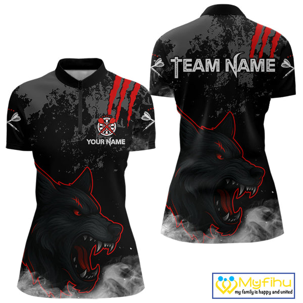 Custom Black And Red Smoke Wolf Dart Quarter-Zip Shirts For Women, Dart Team League Shirt NYN0353