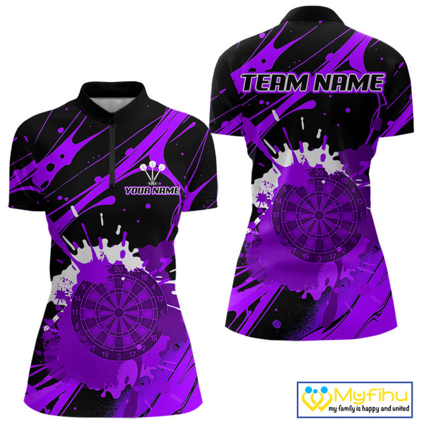 Custom Purple Paint Splash Dartboard Women Quarter-Zip Shirt, Artistic Dart League Shirt NYN0649