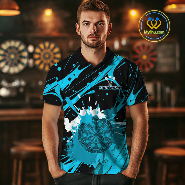 Custom Blue Paint Splash Dartboard Polo Shirt For Men, Artistic Dart League Shirt NYN0650