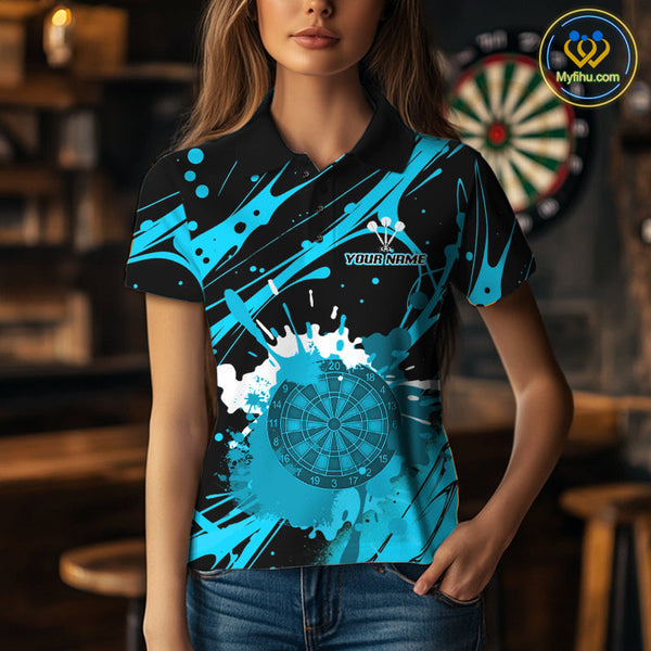 Custom Blue Paint Splash Dartboard Polo Shirt For Women, Artistic Dart League Shirt NYN0650