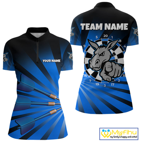 Custom Blue Black Burst Effect Donkey Dartboard Darts Women Quarter-Zip Shirt, Dart Jersey NYN0670