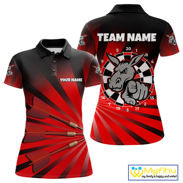 Custom Red Black Burst Effect Donkey Dartboard Darts Polo Shirts For Women, Dart Jerseys NYN0671