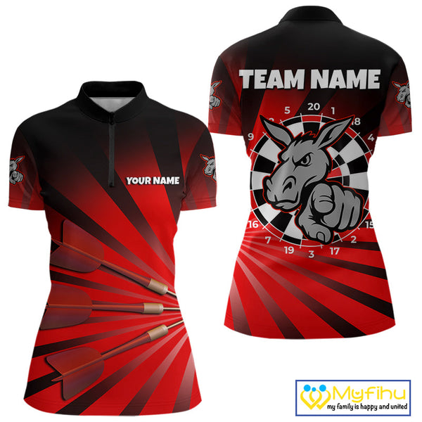 Custom Red Black Burst Effect Donkey Dartboard Darts Women Quarter-Zip Shirt, Dart Jerseys NYN0671