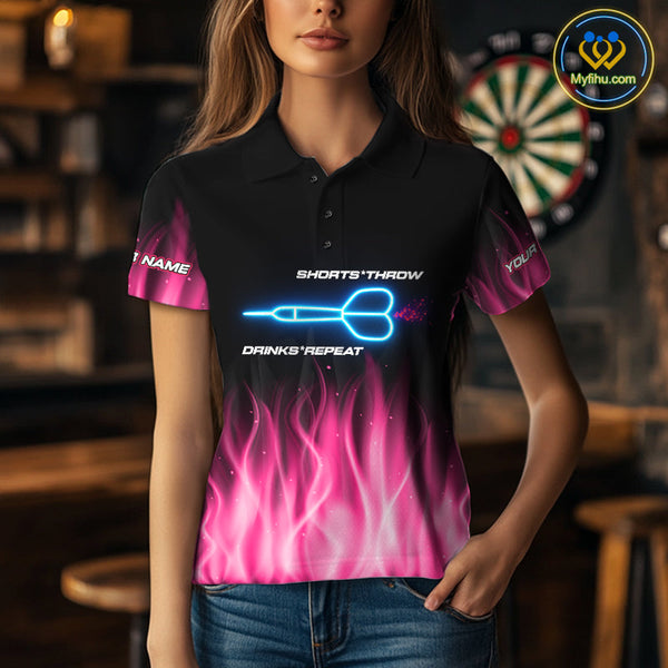 Custom Black Pink Neon Flame American Flag Dartboard Polo Shirts For Women, Dart Jerseys NYN0676