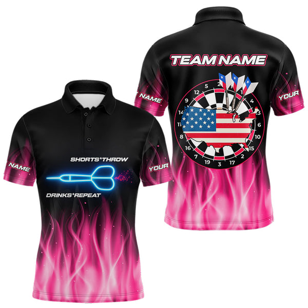 Custom Black Pink Neon Flame American Flag Dartboard Polo Shirts For Men, Dart Jerseys NYN0676