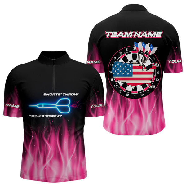 Custom Black Pink Neon Flame American Flag Dartboard Quarter-Zip Shirts For Men, Dart Jerseys NYN0676