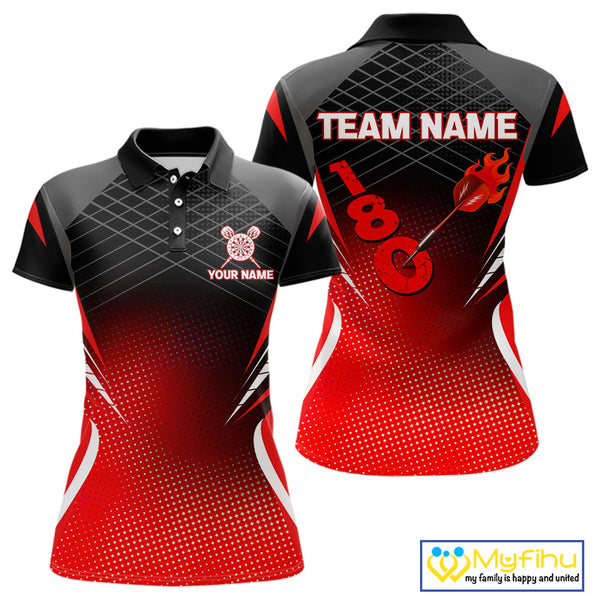 Custom Black And Red Flaming Dart Arrow In 180 Score Dart Polo Shirts For Women NYN0421