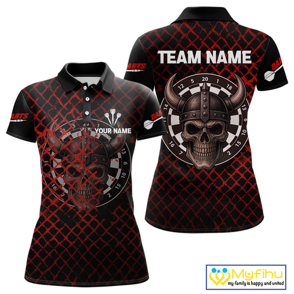 Custom Black Warrior Skull With Horn Dart Team Polo Shirt For Women, Dart Jersey NYN0436