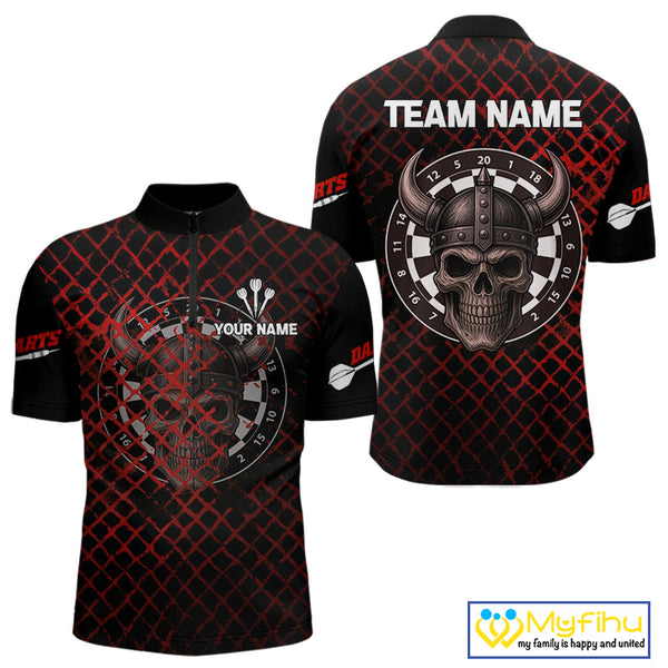 Custom Black Warrior Skull With Horn Dart Team Quarter-Zip Shirt For Men, Dart Jersey NYN0436