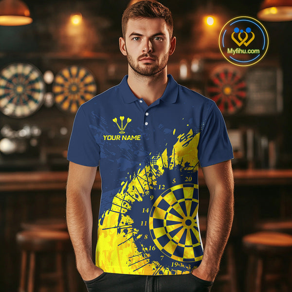 Custom Navy Blue And Yellow Splash Dartboard Dart Men Polo Shirt, Team Dart Jerseys NYN0689