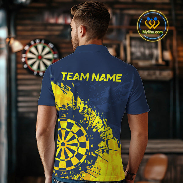 Custom Navy Blue And Yellow Splash Dartboard Dart Men Polo Shirt, Team Dart Jerseys NYN0689