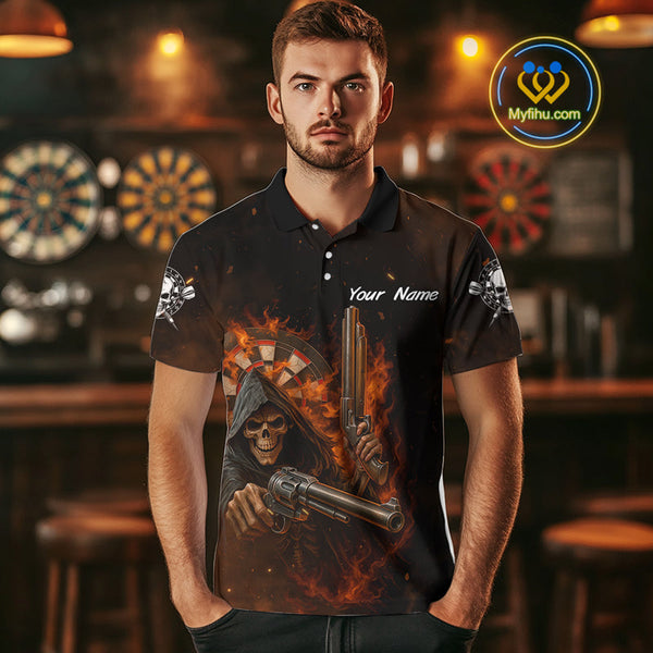 Custom Fire Flame Skull Grim Reaper Dart Polo Shirts For Men, Halloween Dart Outfit NYN0447