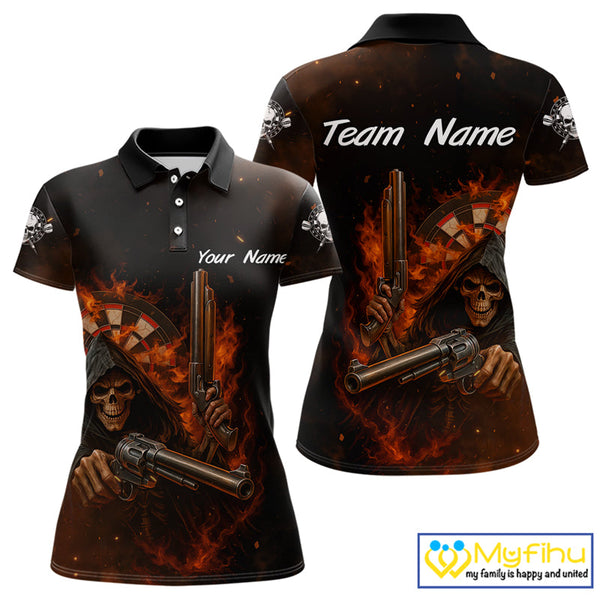Custom Fire Flame Skull Grim Reaper Dart Polo Shirts For Women, Halloween Dart Outfit NYN0447