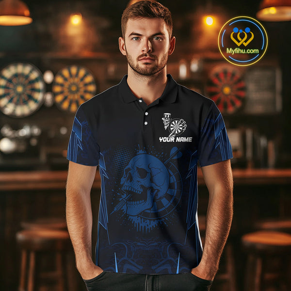 Custom Black And Blue Skull Patriotic Dart Team Polo Shirt For Men NYN0480