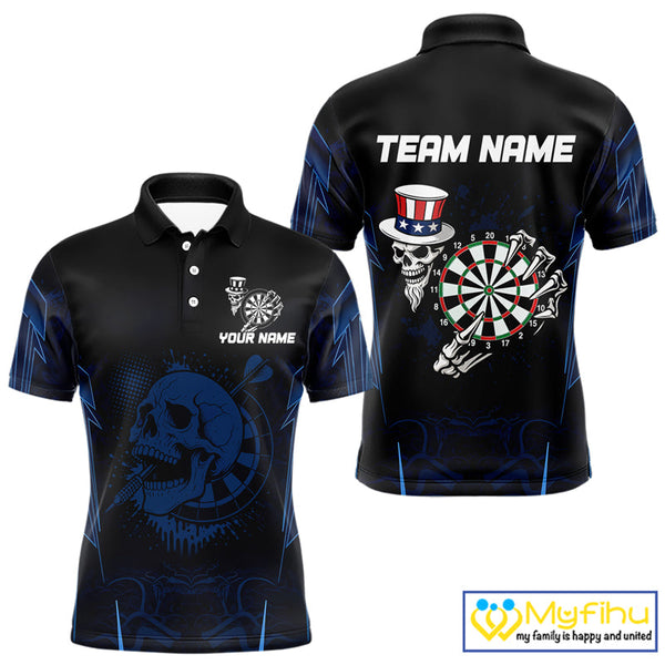 Custom Black And Blue Skull Patriotic Dart Team Polo Shirt For Men NYN0480