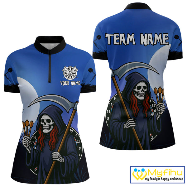 Custom Funny Grim Reaper Dart Team Quarter-Zip Shirt For Women, Halloween Dart Outfit NYN0497