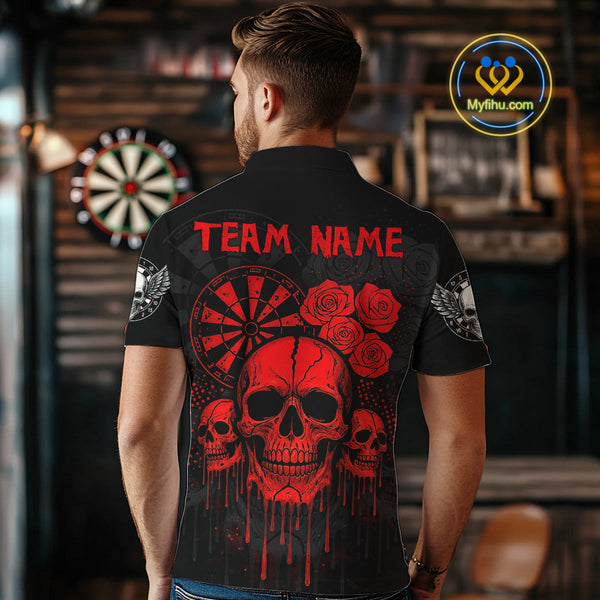 Custom Black And Red Dripping Roses And Skulls Dart Team Polo Shirt For Men NYN0510
