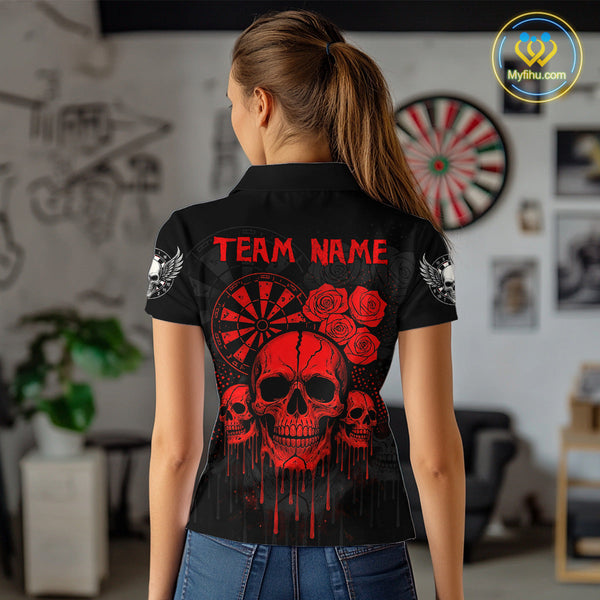 Custom Black And Red Dripping Roses And Skulls Dart Team Polo Shirt For Women NYN0510