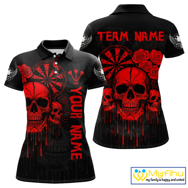 Custom Black And Red Dripping Roses And Skulls Dart Team Polo Shirt For Women NYN0510