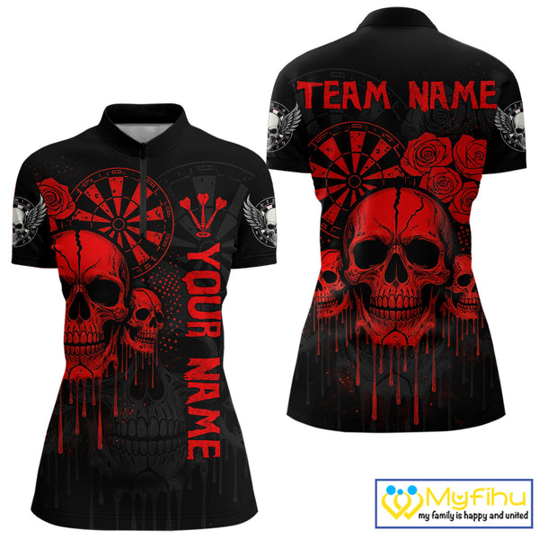 Custom Black And Red Dripping Roses And Skulls Dart Team Quarter-Zip Shirt For Women NYN0510